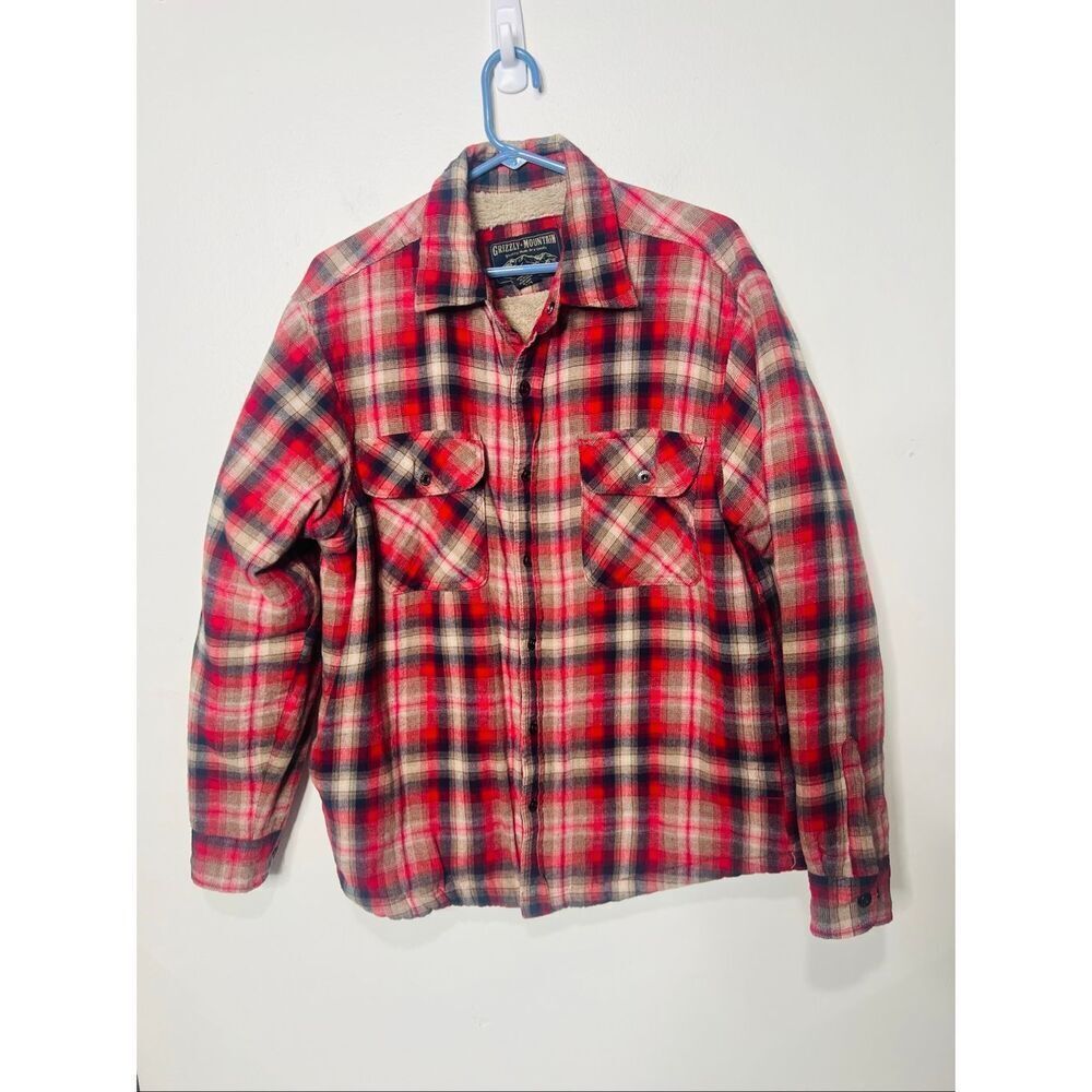 Grizzly Mountain Plaid Flannel Shirt Jacket Shacket Sherpa Lining Sz L Men's Red